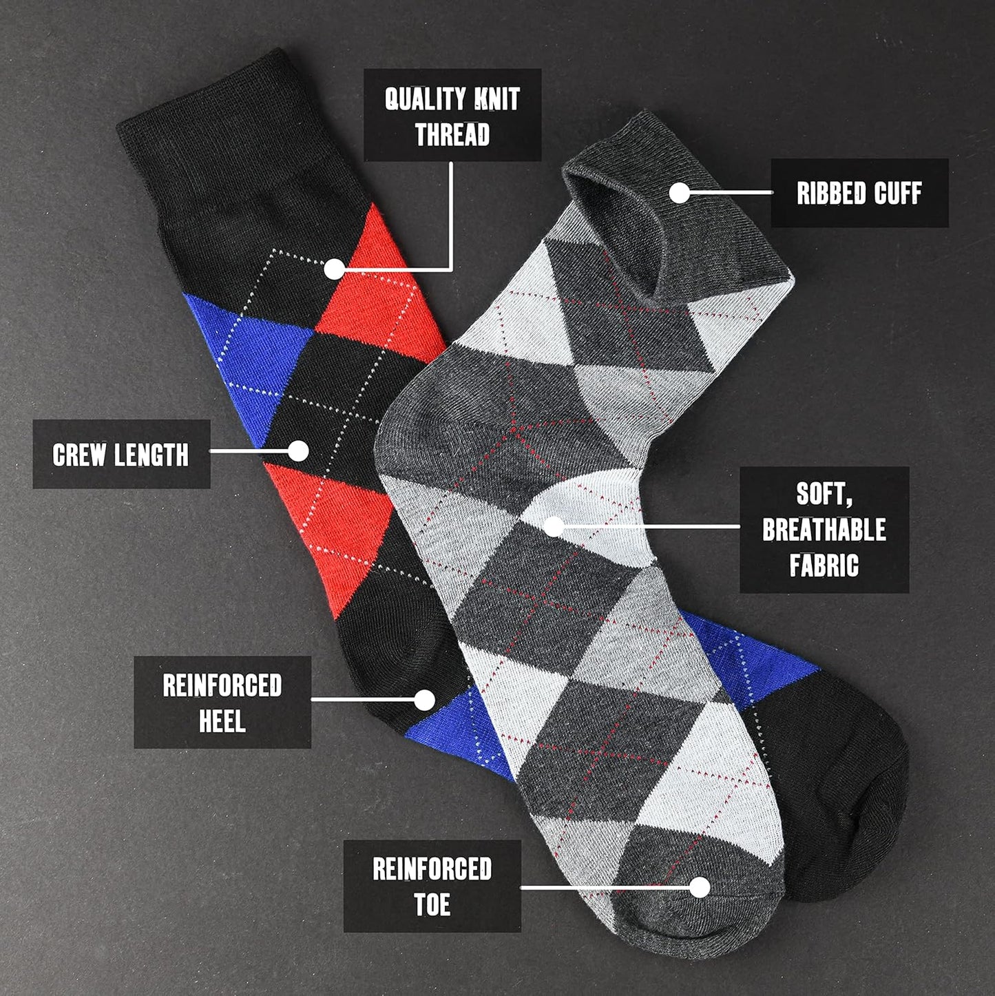Mens Dress Socks with Gift Box - Cotton Colorful Classic Argyle Sock - Patterned Crew Socks for Men 6 Pairs