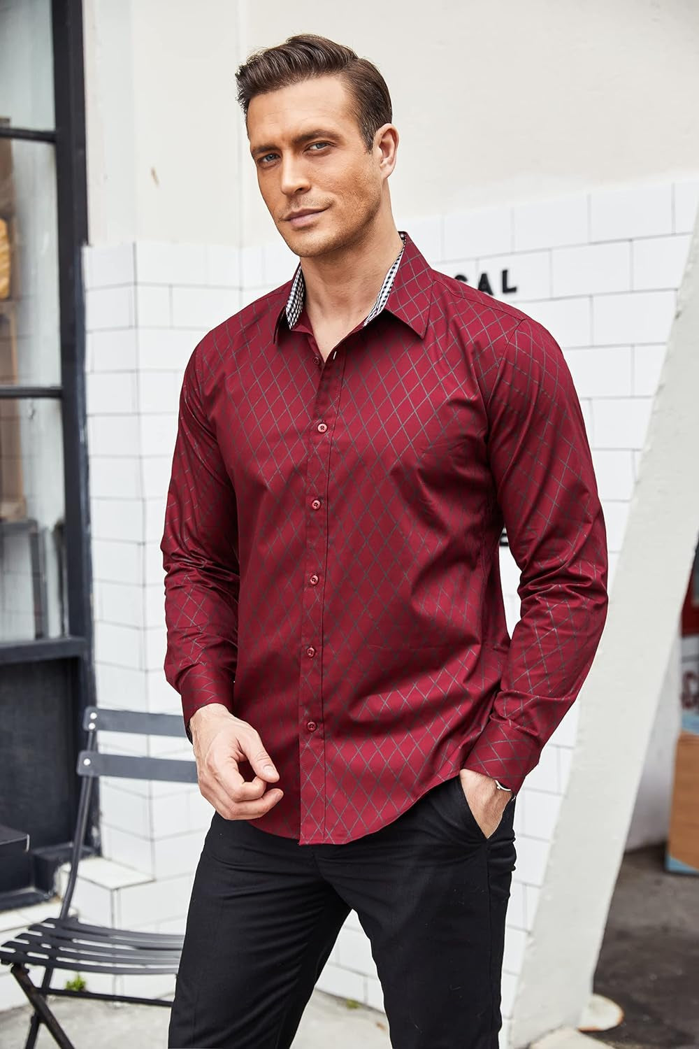 Men'S Business Dress Shirt Long Sleeve Slim Fit Casual Button down Shirt