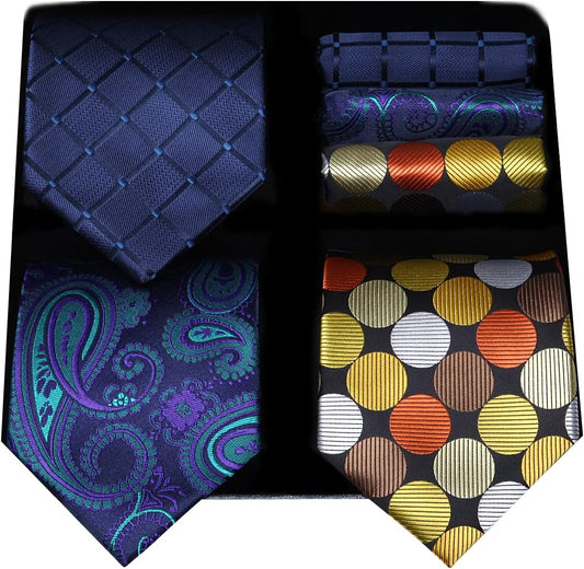 Mens Ties and Pocket Square Set Business Elegant Ties for Men Classic Lot 3 Pcs Wedding Party Neckties & Handkerchief